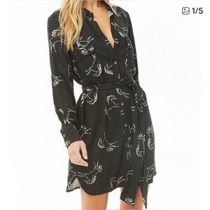 Black Long-sleeve Button-Up Shirt Dress with Horse Pattern